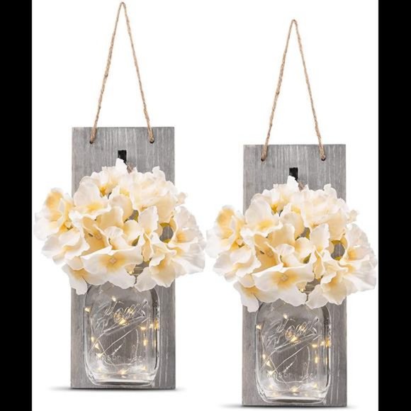 Rustic Wall Sconces with 6-Hour Timer LED Fairy Lights and Flowers - (Set of 2)